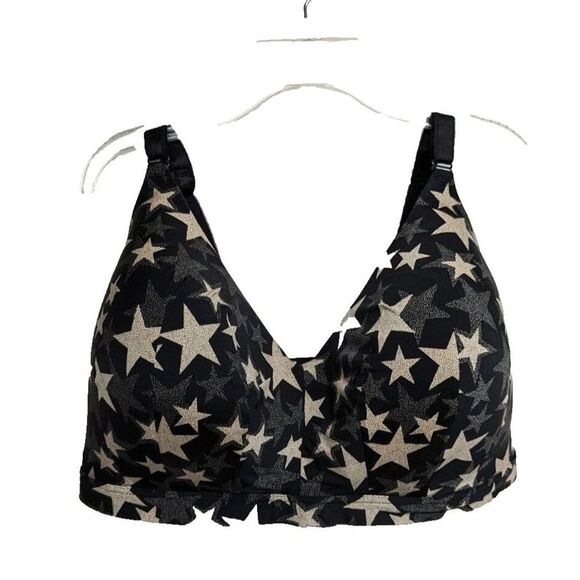 Torrid Curves Sports Bra 40 G Wire-Free Lightly Lined Everyday Black Beige Stars - Picture 1 of 8